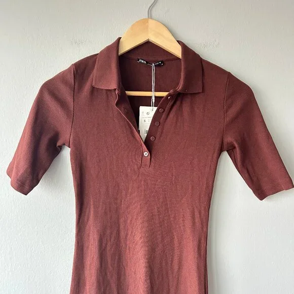 Zara Ribbed Polo Midi Dress Burgundy Brown Size S NWT - Picture 3 of 7